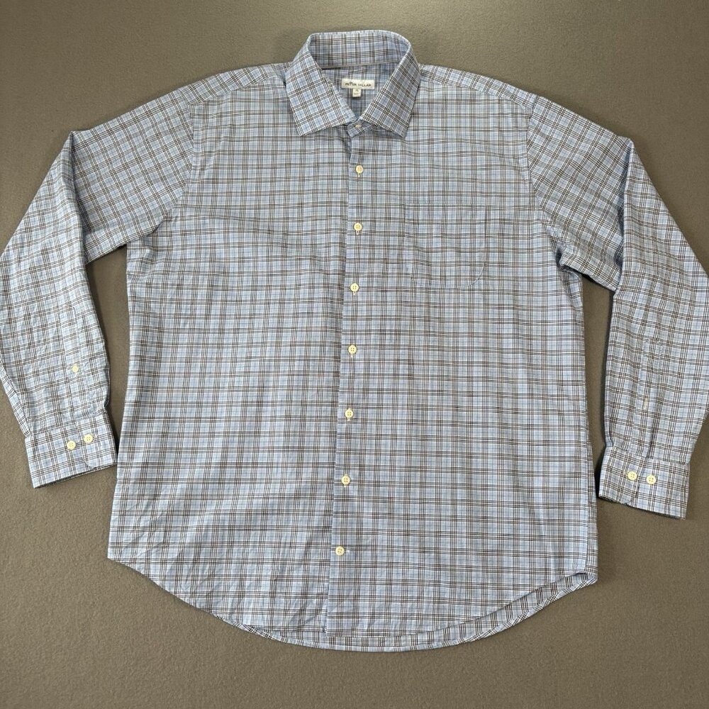 Peter Millar Flannel‎ Shirt Mens XL Blue Plaid Button Down Long Sleeve Stretch